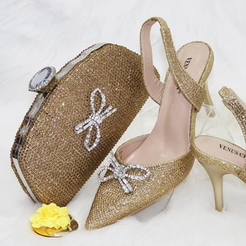 Новый золотой цвет, Модный итальянский дизайн, Женские свадебные туфли и сумки, Элегантные женские туфли на среднем каблуке, женские вечерние